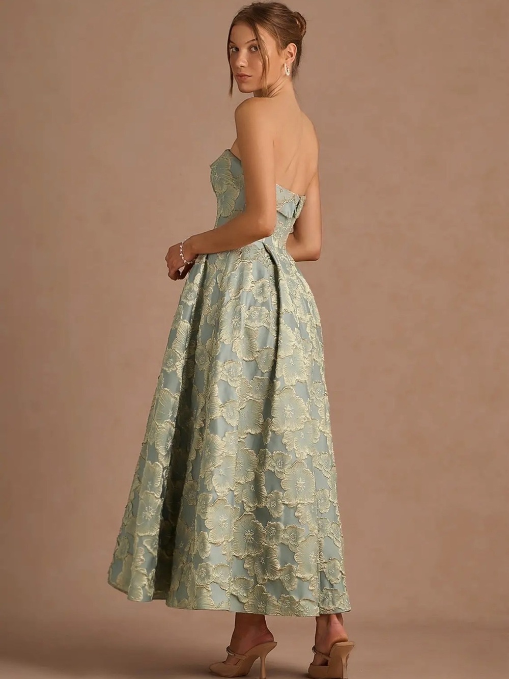 Azazie Strapless Floral Jacquard Midi Dress in Light Blue and Gold Accents - Picture 2 of 6